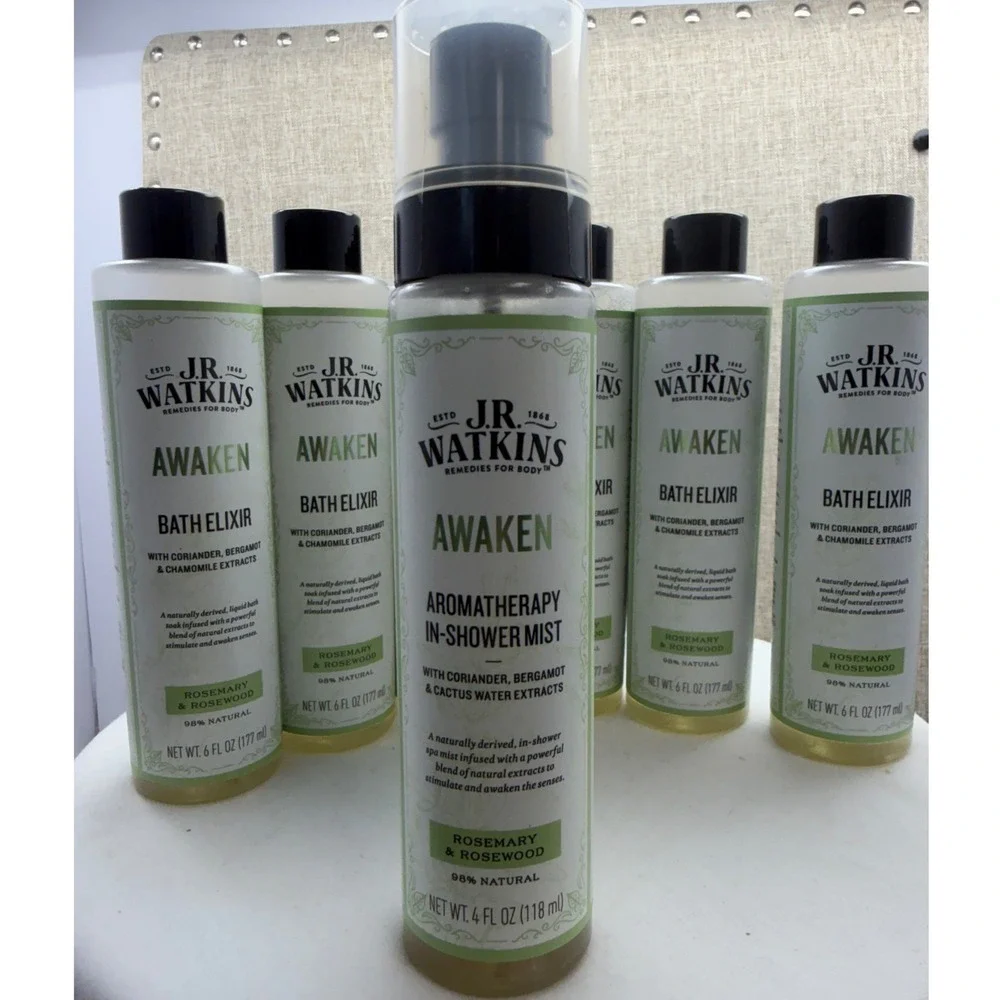 JR Watkins Awaken Rosemary Rosewood 5 Bath Elixirs & 1 Shower Mist 7pc Set